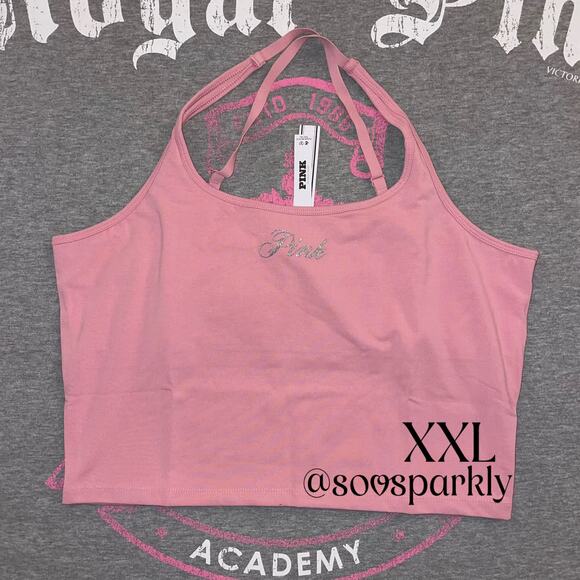 VS PINK Limited Edition Cameo Pink Bling All-Day Cotton Square Neck Tank Top - Picture 1 of 6